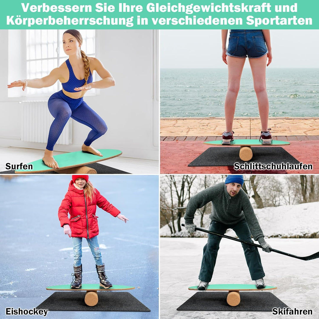 GYMAX Balance Board aus Holz, 15 mm BalanceBoard mit 10mm Korkrolle &amp; rutschfeste Matte aus Filz, In