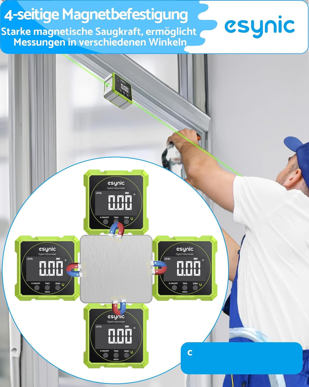 eSynic Digitaler Winkelmesser Neigungsmesser grüner Laser Wasserwaage mit LCD-VA Display 4-Seitiges