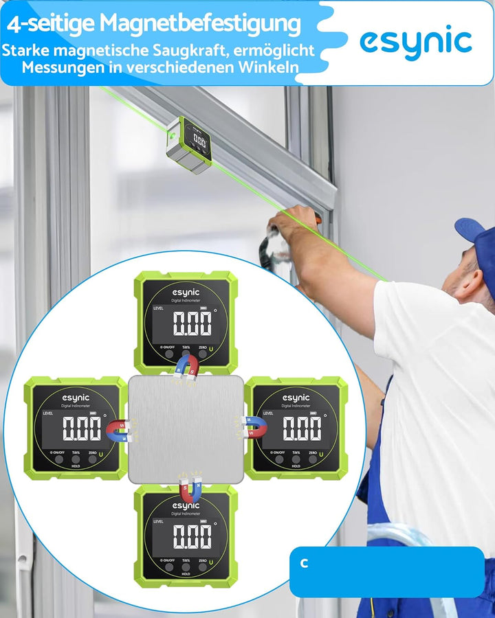 eSynic Digitaler Winkelmesser Neigungsmesser grüner Laser Wasserwaage mit LCD-VA Display 4-Seitiges