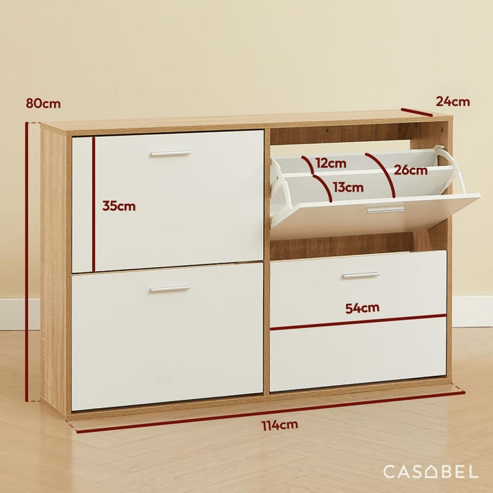 CASABEL Schuhschrank mit 4 Klappen, Schuhregal Weiss &amp; Holz, Modernes Design, Grosse Kapazität für 2
