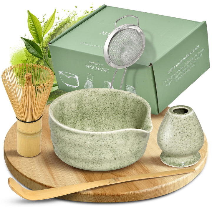 comforder Matcha Set mit Besen – Komplett mit Matchaschale mit Ausgiesser, Chasen, Halter, Löffel un