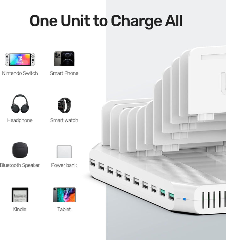 Unitek 96W 10 Ports USB Ladestation für mehrere Geräte mit 2*QC3.0 und Smart IC Organizer für Handys