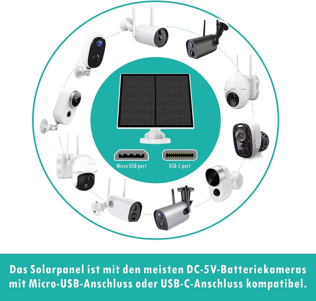 Solarpanel für Überwachungskamera, 5W Solarmodul für Outdoor Akku Kamera, Solar Panel mit 9,8ft Kabe
