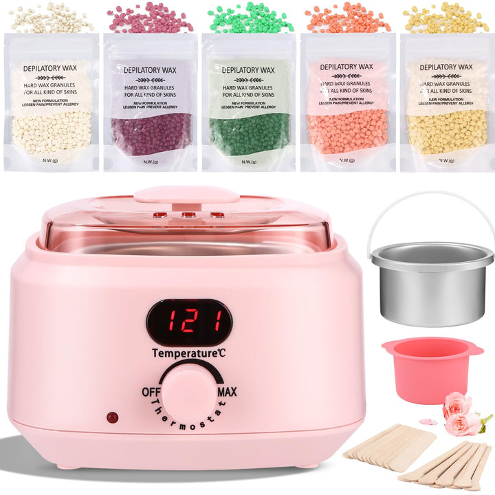 Wax Maschine Waxing Set Frauen,Wachs haarentfernung,Wachswärmermit 5 Packungen Waxing Perlen, 1 Sili