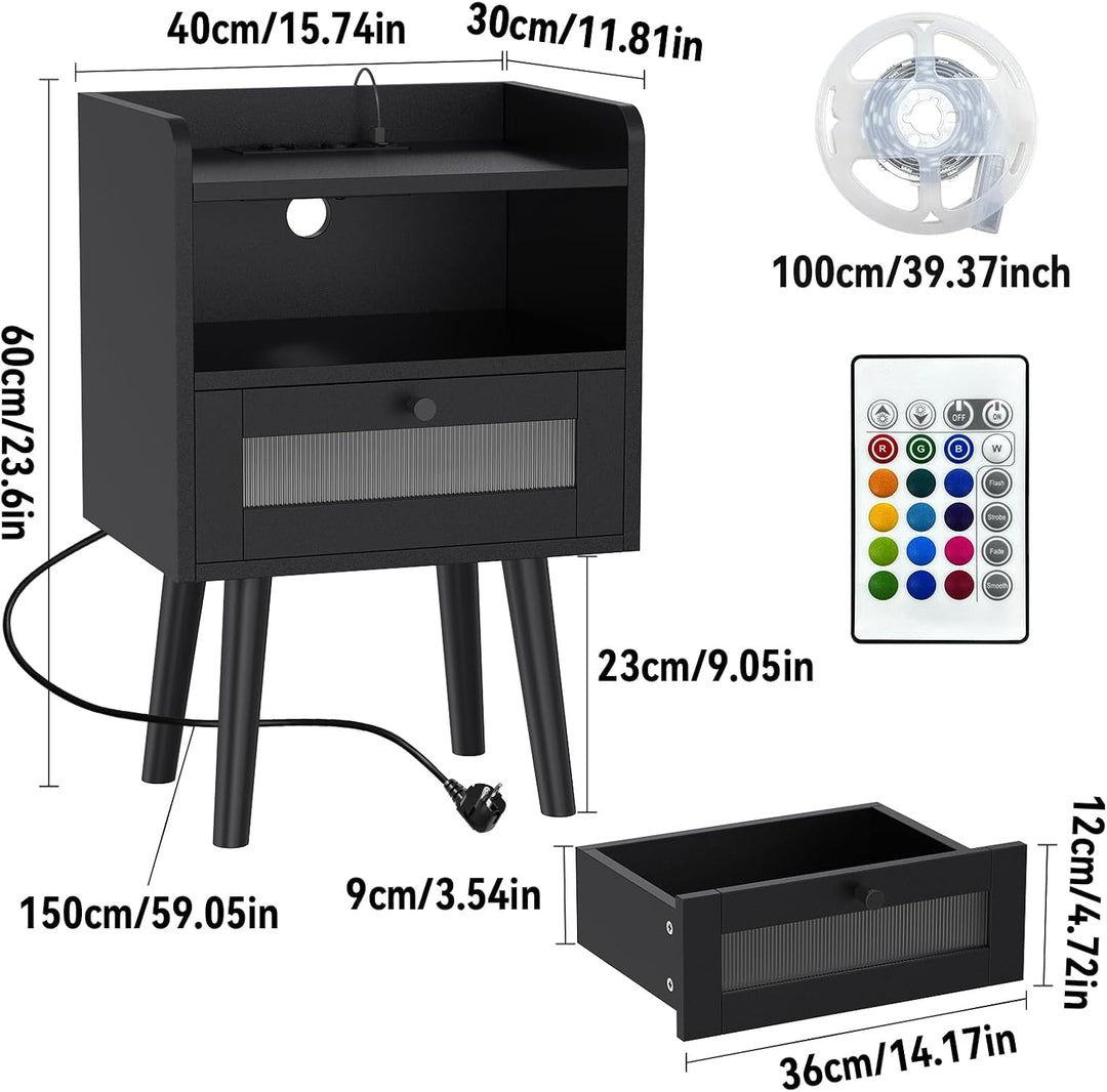 Nachttisch mit Steckdose und Ladefunktion, 2 AC-Steckdosen, 2 USB-Anschlüsse, Nachtschrank mit 16 Fa