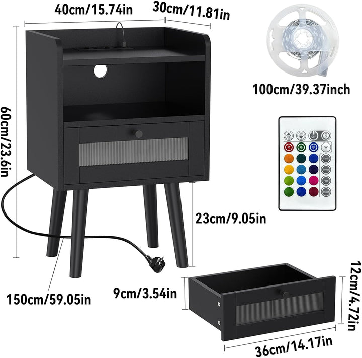 Nachttisch mit Steckdose und Ladefunktion, 2 AC-Steckdosen, 2 USB-Anschlüsse, Nachtschrank mit 16 Fa