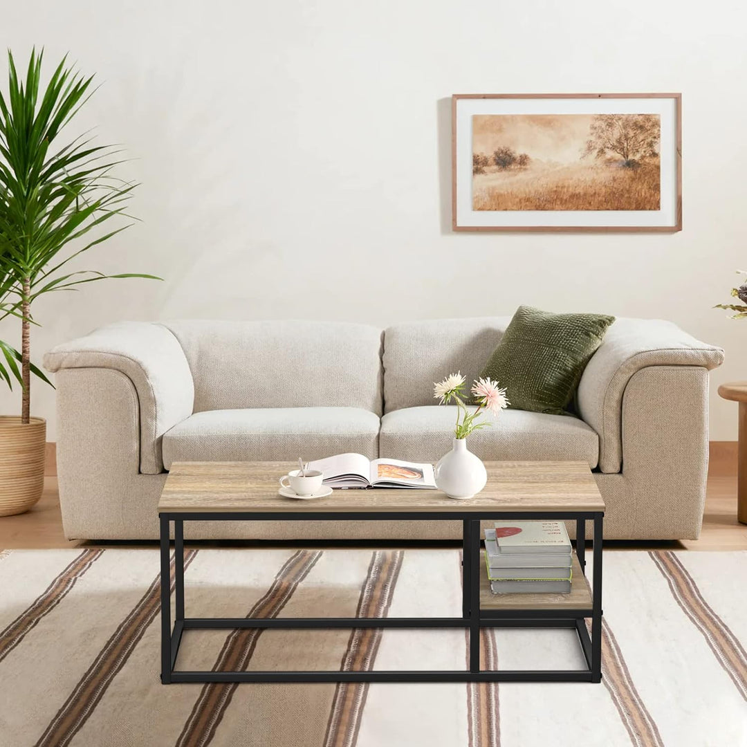 VOWNER Couchtisch, Wohnzimmertisch, Couchtisch mit Stahlgestell und Ablagen, Industrie-Design, Skand