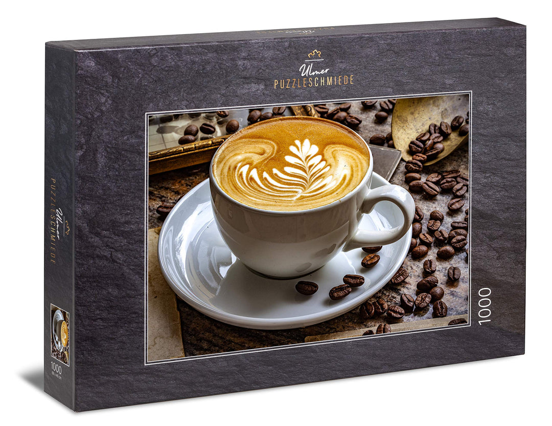 Ulmer Puzzleschmiede - Puzzle „Aroma“– Klassisches 1000 Teile Puzzle – Puzzlemotiv Tasse Kaffee Latt
