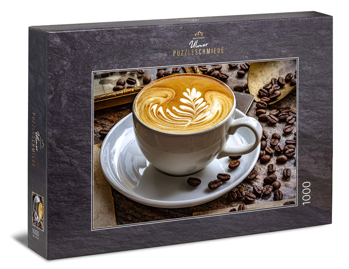 Ulmer Puzzleschmiede - Puzzle „Aroma“– Klassisches 1000 Teile Puzzle – Puzzlemotiv Tasse Kaffee Latt