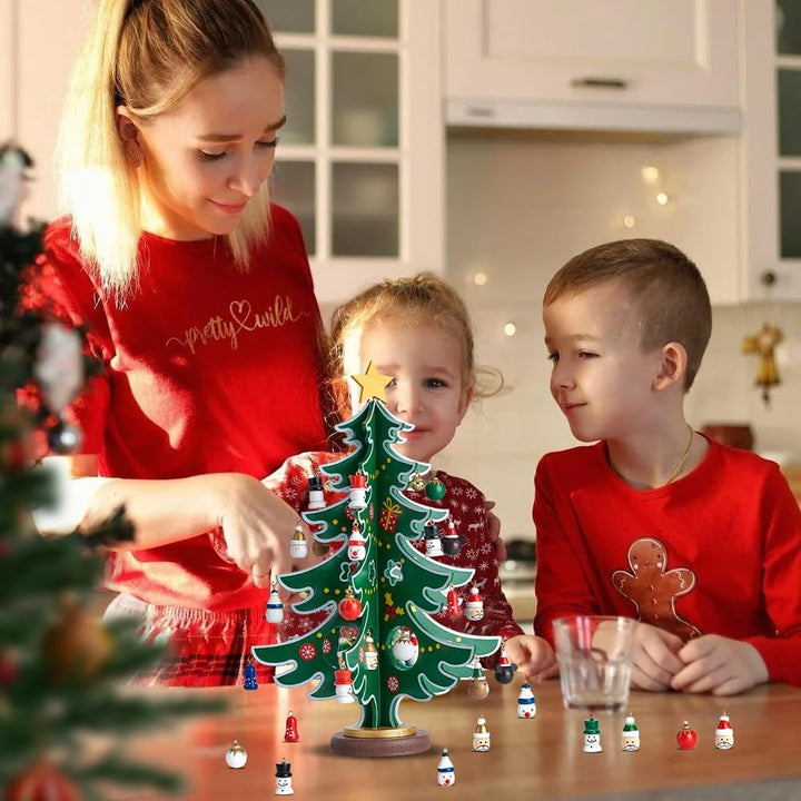 Douthfolle Adventskalender 2023 Kinder mit Hölzerner Weihnachtsbaum und 30 Ornamenten,24 Tage Weihna