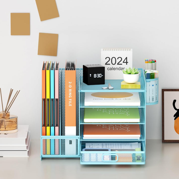 Marbrasse Schreibtisch Organizer mit Aktenhalter, 5 Ebenen Papier Briefablage mit Schublade und 2 St