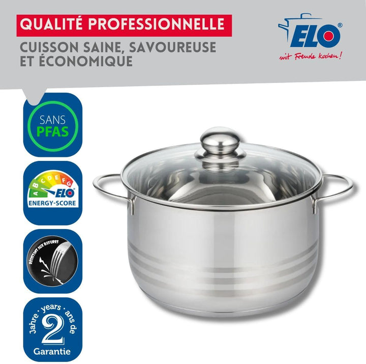 ELO 2222026 Kochtopf Edelstahl, Induktion, 20 cm, Glasdeckel, Grau