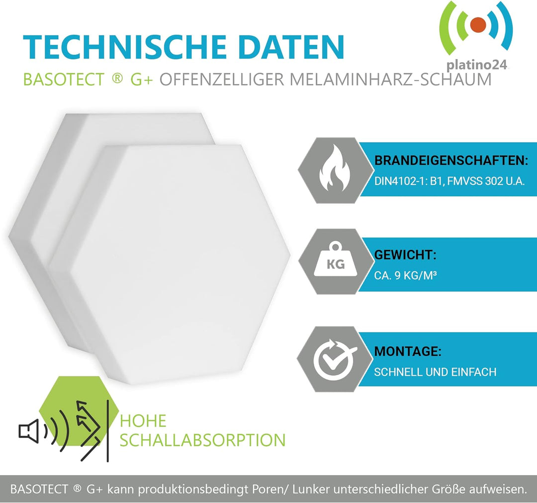 platino24 3D-Set Schallabsorber Hexagon aus Basotect G+, 6 Elemente 4x je Ø 300x30mm + 1x je Ø 300x5