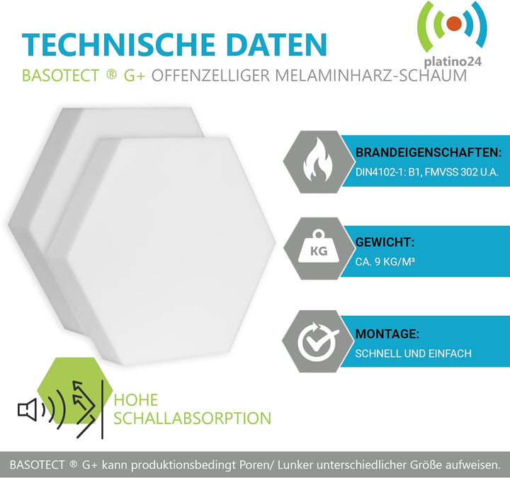 platino24 3D-Set Schallabsorber Hexagon aus Basotect G+, 6 Elemente 4x je Ø 300x30mm + 1x je Ø 300x5