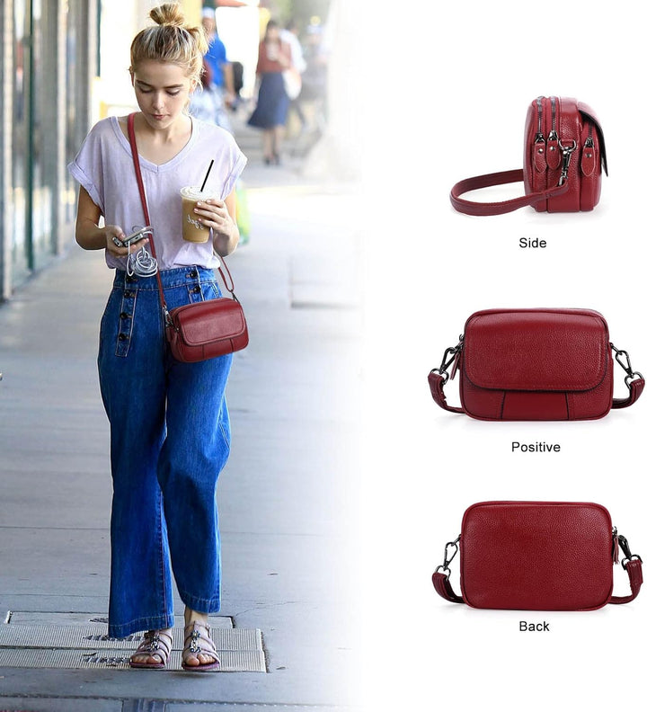 HAWEE Damen Handy Umhängetasche Echtes Leder Crossbody Schultertasche mit 3 Reissverschlüsse Kleine