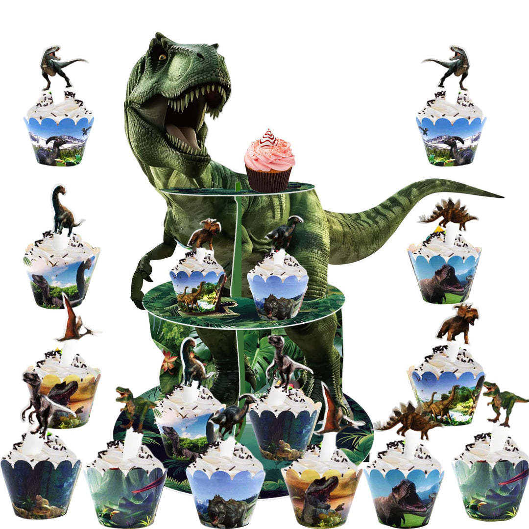 3 Tier Dinosaurier Kuchen Stand, Cupcake Turm, 12Pcs Dinosaurier Kuchen Surround Dinosaurier Thema G