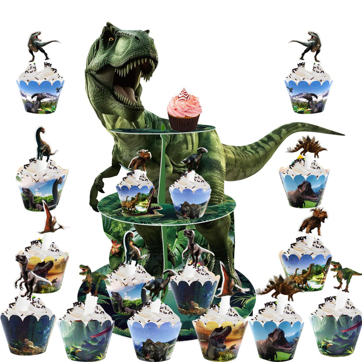 3 Tier Dinosaurier Kuchen Stand, Cupcake Turm, 12Pcs Dinosaurier Kuchen Surround Dinosaurier Thema G