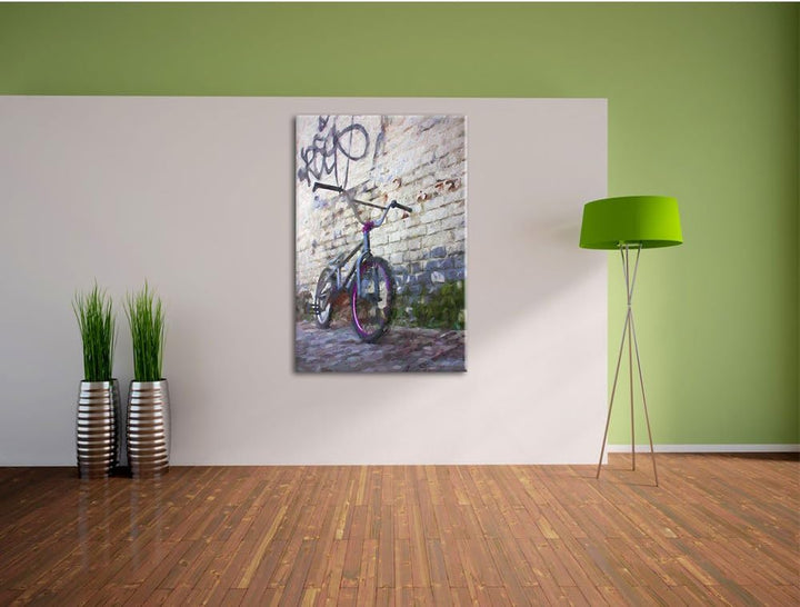 Pixxprint Fahrrad vor Graffitiwand 100x70cm Leinwandbild Wandbild Kunstdruck, 100x70