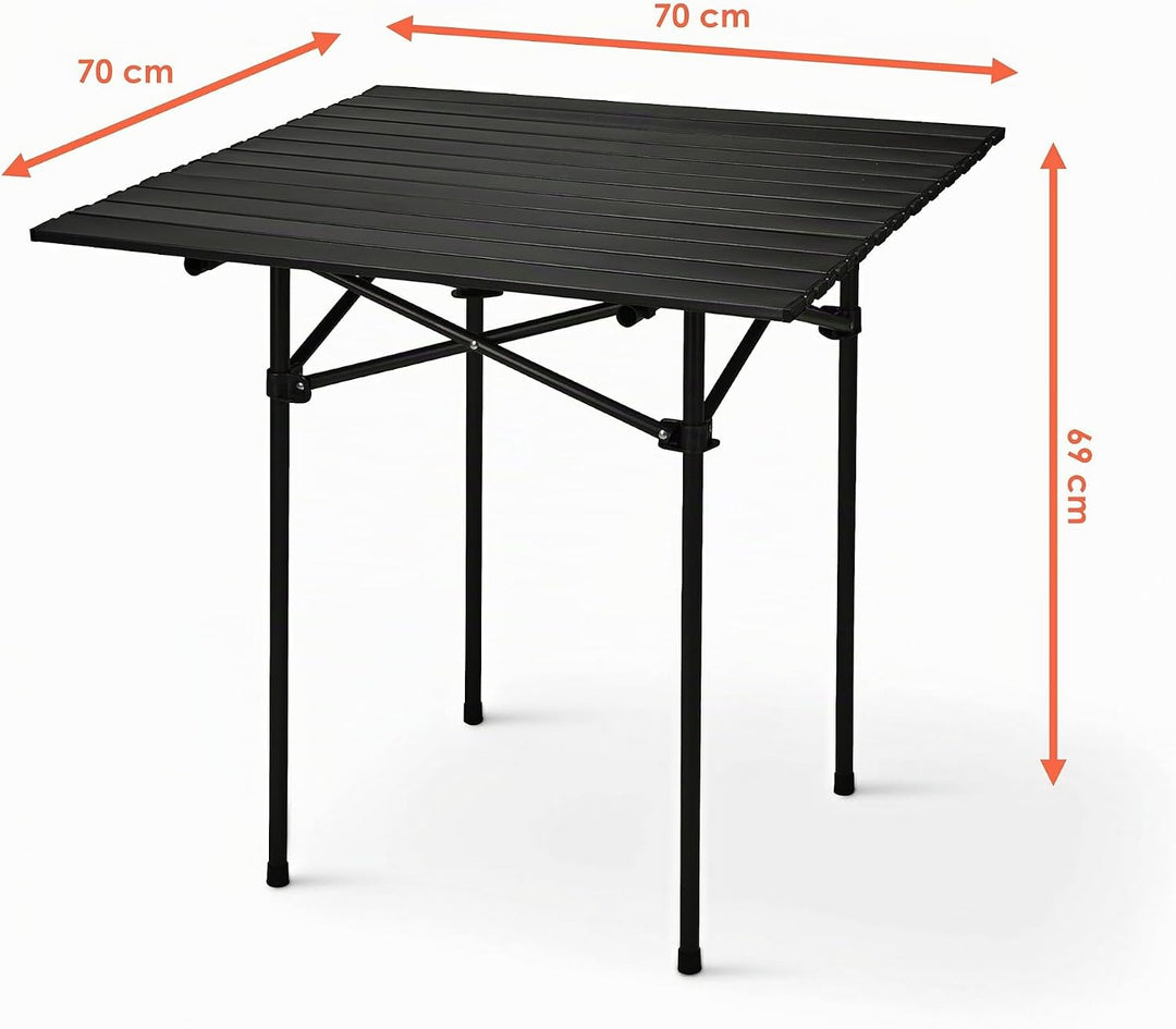 Camping Klapptisch schwarz mit Tragetasche - 70 x 70 cm - Universal Gartentisch mit einrollbarer Tis