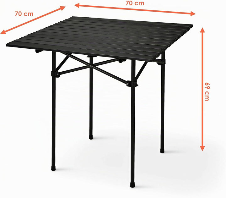 Camping Klapptisch schwarz mit Tragetasche - 70 x 70 cm - Universal Gartentisch mit einrollbarer Tis