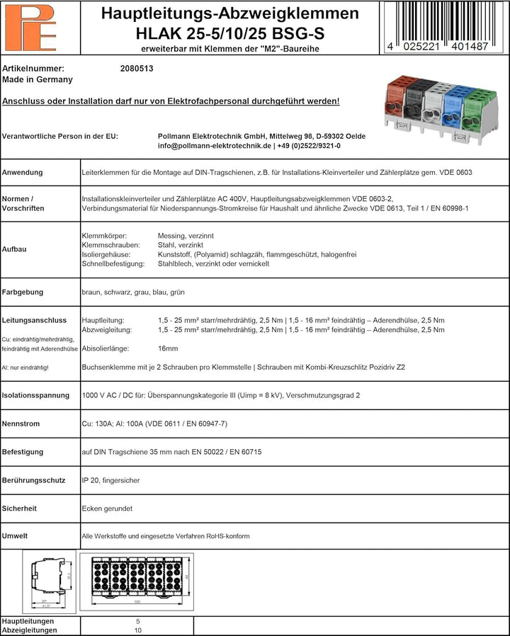Pollmann Abzweigklemme HLAK 25-5/10/25 BSG-S, 1 Stück