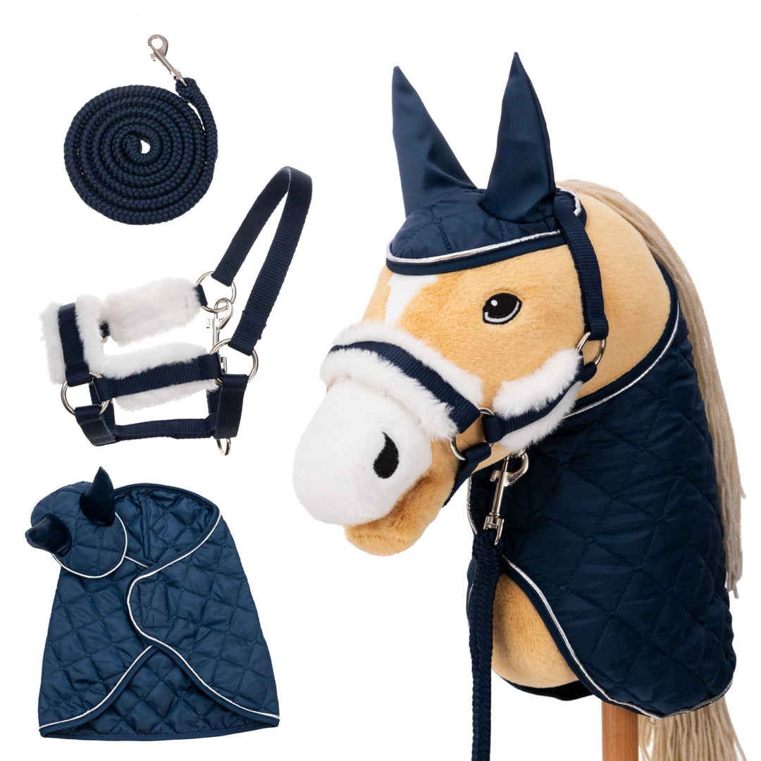 Hobby Horse Zubehör Set – Halfter mit Strick, Decke & Fliegenhaube in Blau für Hobby Horses [TÜV gep