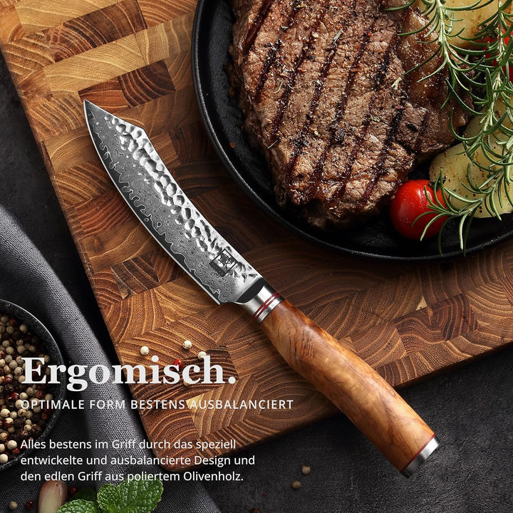 zayiko Minami Damast Steakmesser mit 12 cm Klinge aus 67 Lagen Damaststahl, VG10 Kern, Hammerschlag,