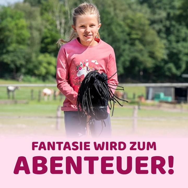 Hobby Horse Set Schwarz Weiss mit Blauer Decke und Blauer Fliegenhaube, Steckenpferd für Kinder, Sto