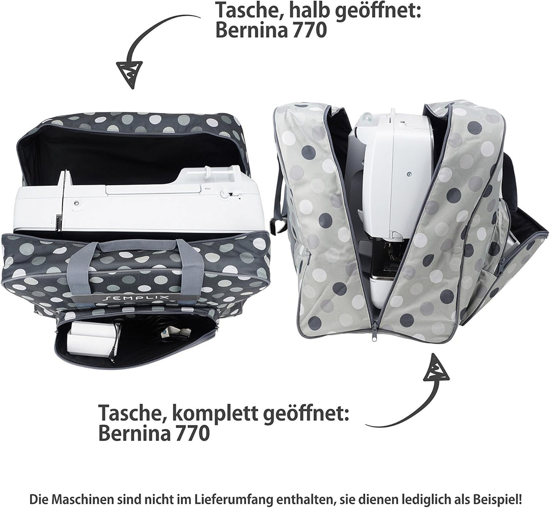 SEMPLIX XL-Nähmaschinentasche, Polka Dots Anthrazit/Grau, 52x42x27 cm, Grosse stabile Transport und
