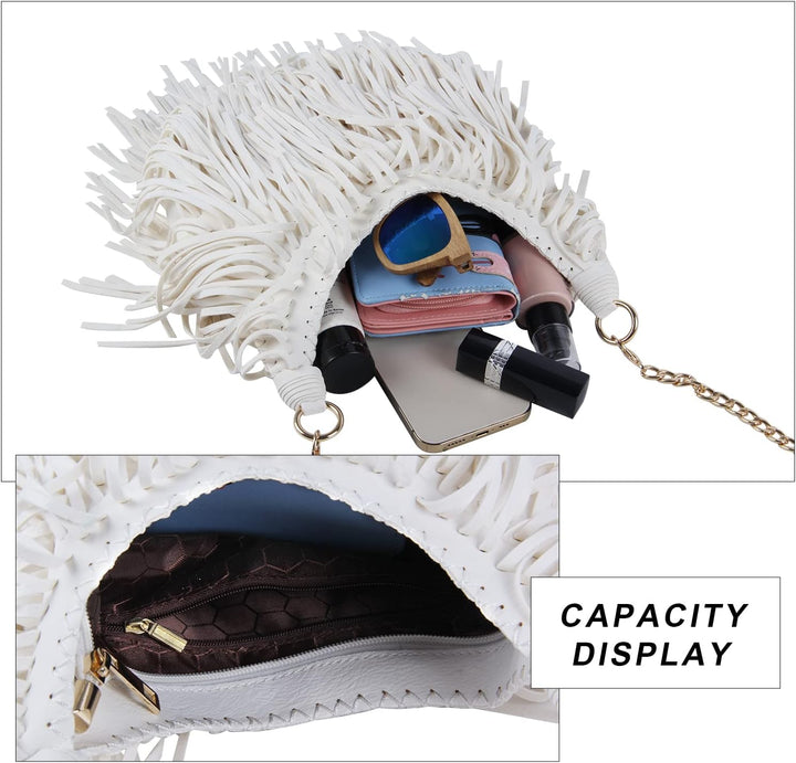 Damen handgefertigte Leder Franse Quaste Crossbody Hobo Schultertasche Umhängetaschen Weiss, Wei
