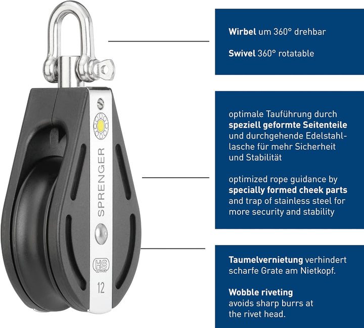 Sprenger S-Block Gleitlager Seilzug (Umlenkrolle) 12 mm - 1 Seilrolle, Wirbel Flaschenzug