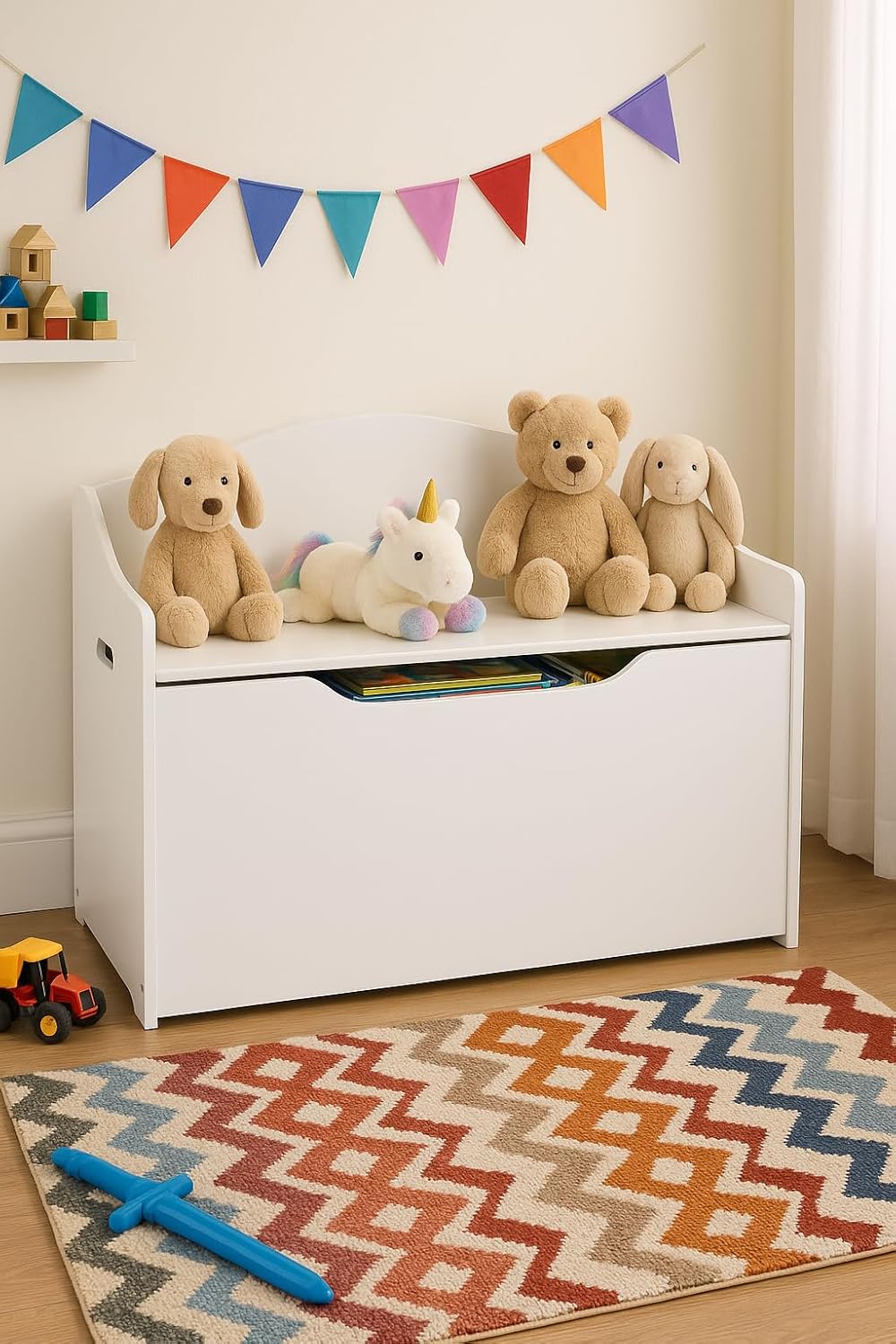 Leomark Kinderbank Hölzerne - Classic White XL - Kindertruhenbank, Behälter für Spielzeug, Truhe für