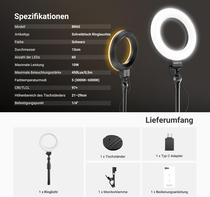 NEEWER Basics 5" LED Tisch Ringlicht mit Ständer, Monitorhalterung, 10W kompatibel mit iPhone, Compu