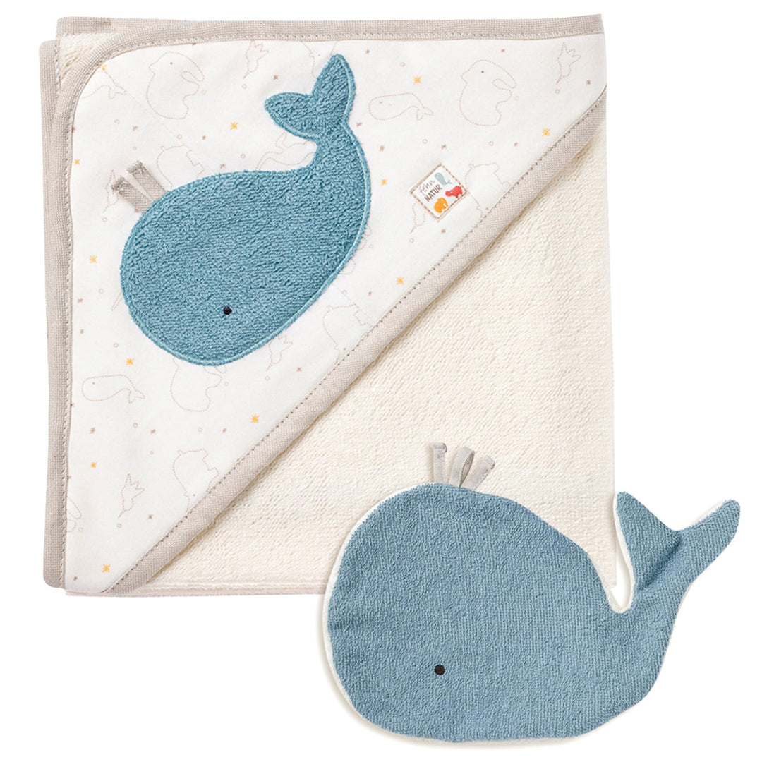 Fehn Baby Wal Badetuch & Waschhandschuh Bade-Set - Kapuzenhandtuch mit süssem Wal - Kinder Poncho au