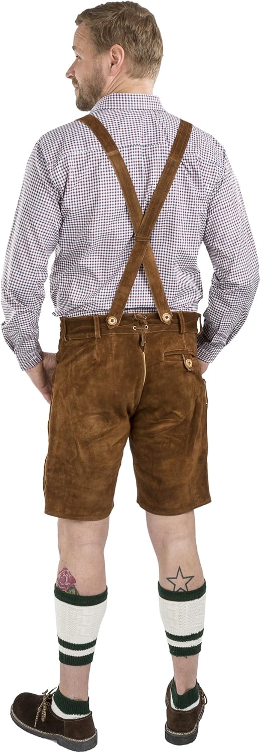 Herren Lederhose kurz - Alpenjäger Trachtenlederhose inkl. Hosenträger – Trachtenhose aus Echt-Leder