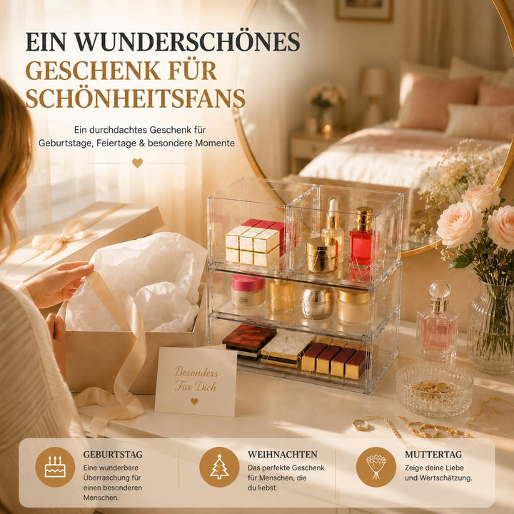 4er Set Kosmetik Organizer mit Schubladen, Stapelbar, Transparent | 4 separate Boxen – einzeln, nebe