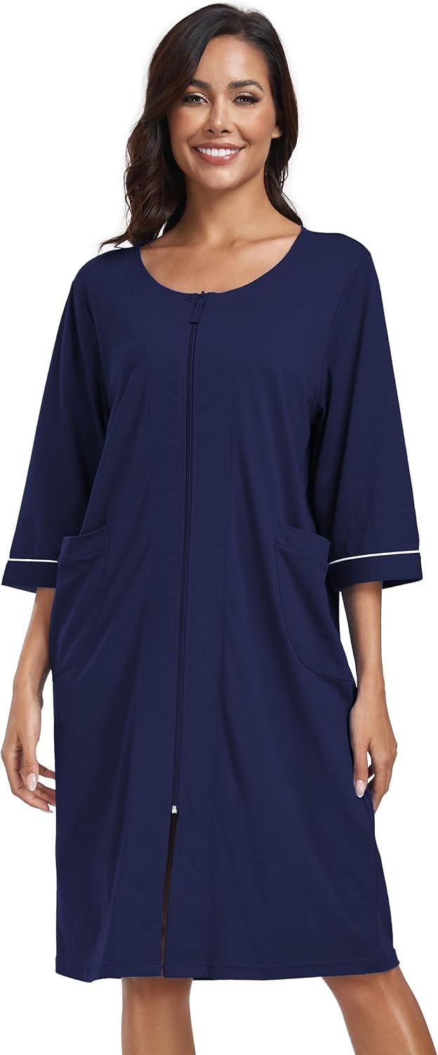 COLORFULLEAF 100% Baumwolle Morgenmantel Damen Leicht Bademantel Damen 3/4 Ärmel mit Reissverschluss