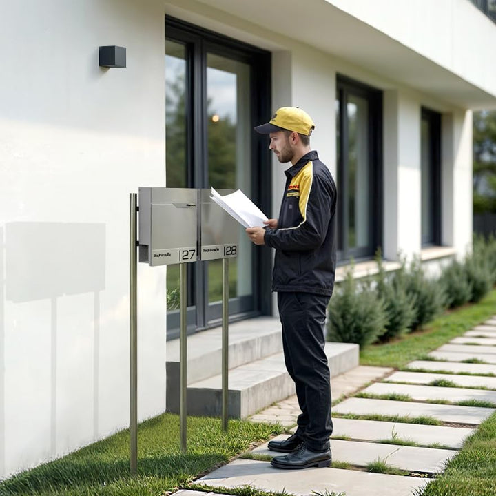Metzler Standbriefkasten für 2 Familienhaus mit hochwertigem Stahlkorpus &amp; gebürsteter Edelstahlfron