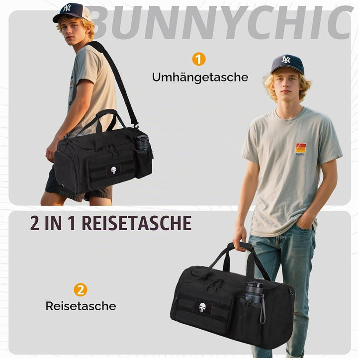 Taktische Sporttasche für Herren, 60L grosse Reisetasche mit Schuhfach, Sporttasche mit Nassfach, Mu