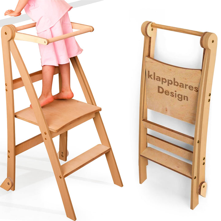 Goodevas Holz Lernleiter Montessori platzsparend: Klappbare Lernleiter, Hocker für Kinder, Faltbare