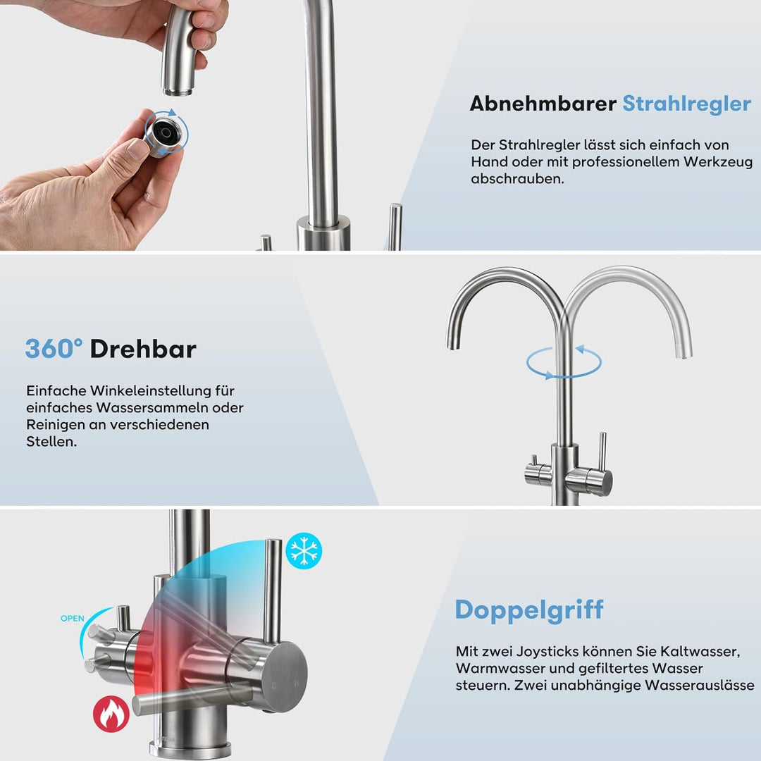 3 Wege Küchenarmatur Küche, DETBOM Wasserfilter Wasserhahn für Trinkwasser Küchenspüle, Trinkwasserh