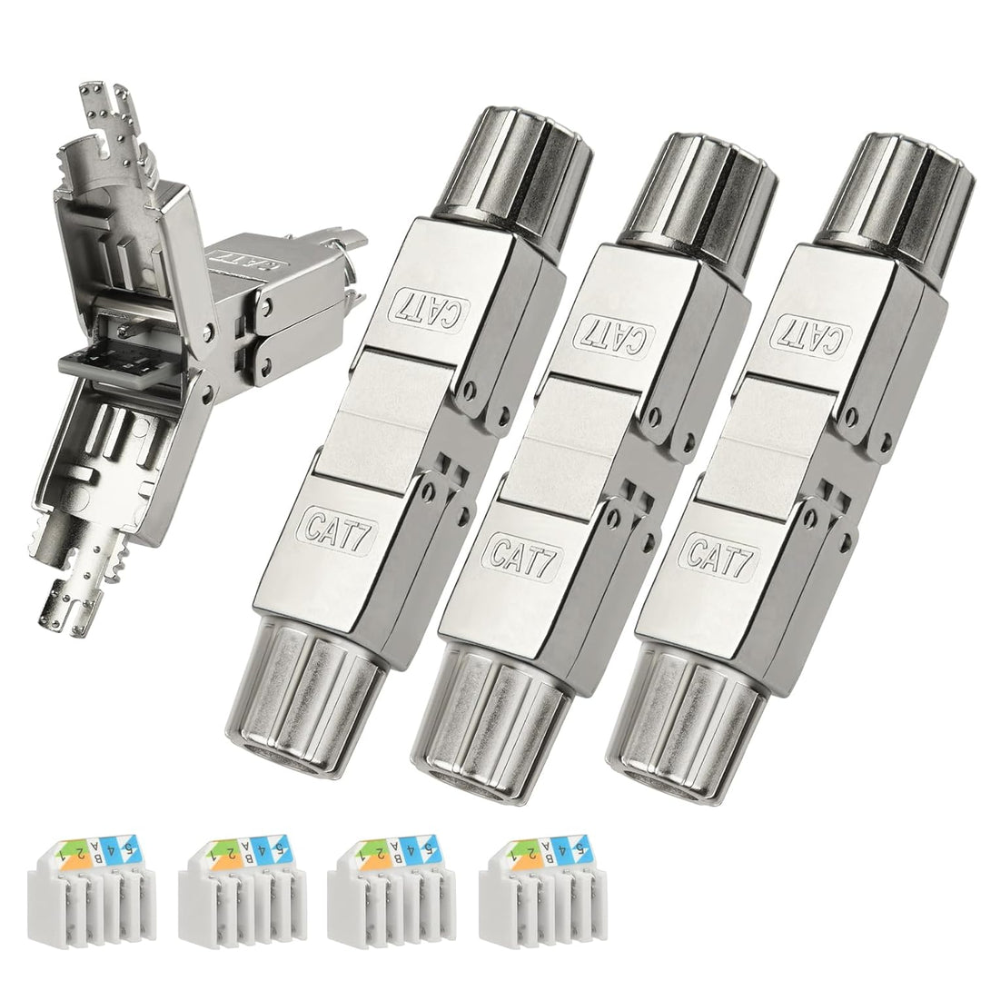 AXFEE 4 x RJ45 Stecker Werkzeuglos für Verlegekabel Cat7 Cat6A, Netzwerkstecker auf Schneidklemme, L