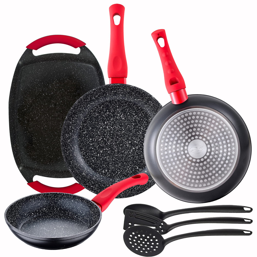 San Ignacio Packung mit 3 Pfannen Energy Ø20/24/28 cm + Grillplatte 37x25 cm + Set mit 3 Küchenutens