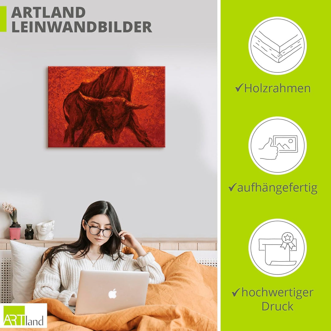 Artland Leinwandbild Wandbild Bild auf Leinwand 100x70 cm Wanddeko Stier Tiere Spanien Stierkampf Ka