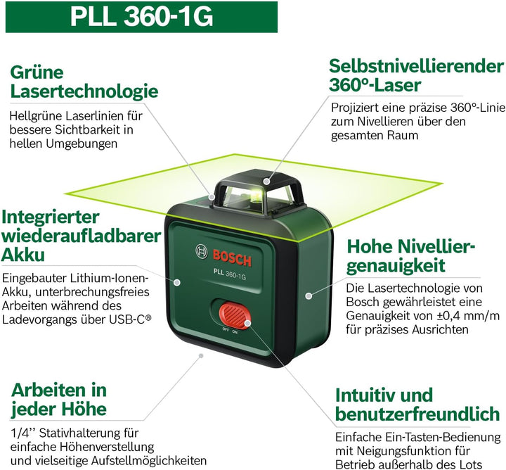 Bosch Linienlaser PLL 360-1G (360° grüner Laser, selbstnivellierend, ±0,4 mm/m Genauigkeit, integrie