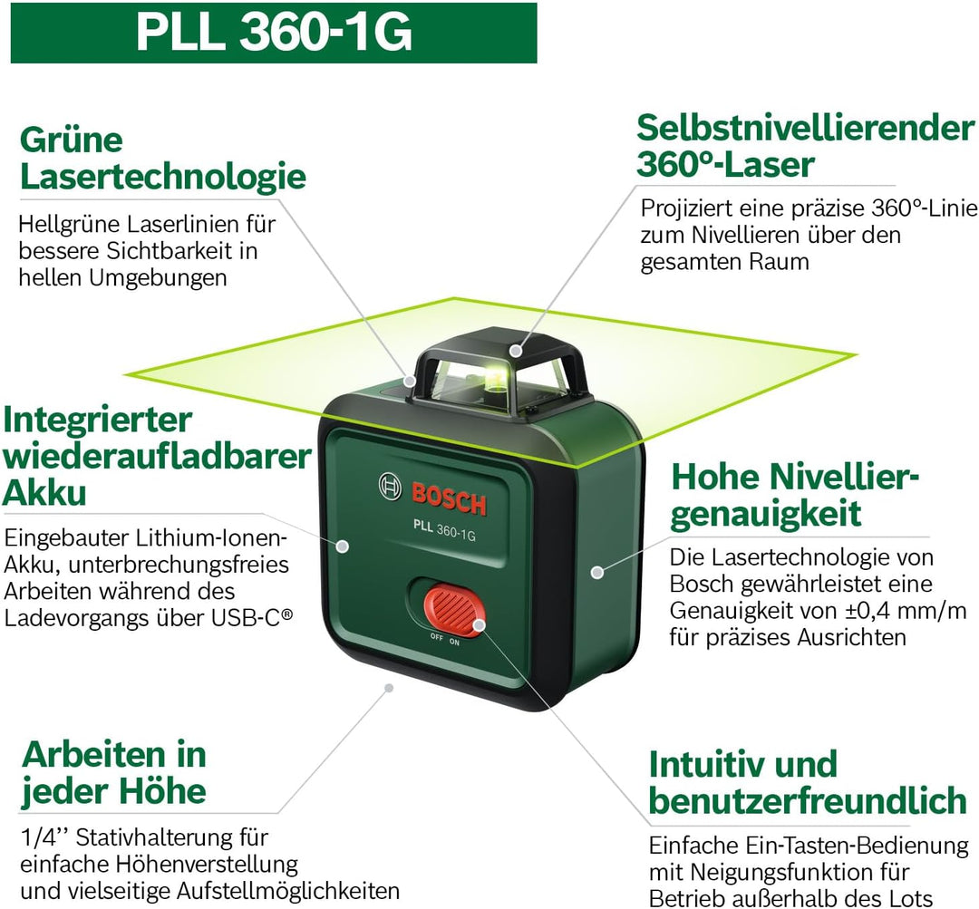 Bosch Linienlaser PLL 360-1G (360° grüner Laser, selbstnivellierend, ±0,4 mm/m Genauigkeit, integrie
