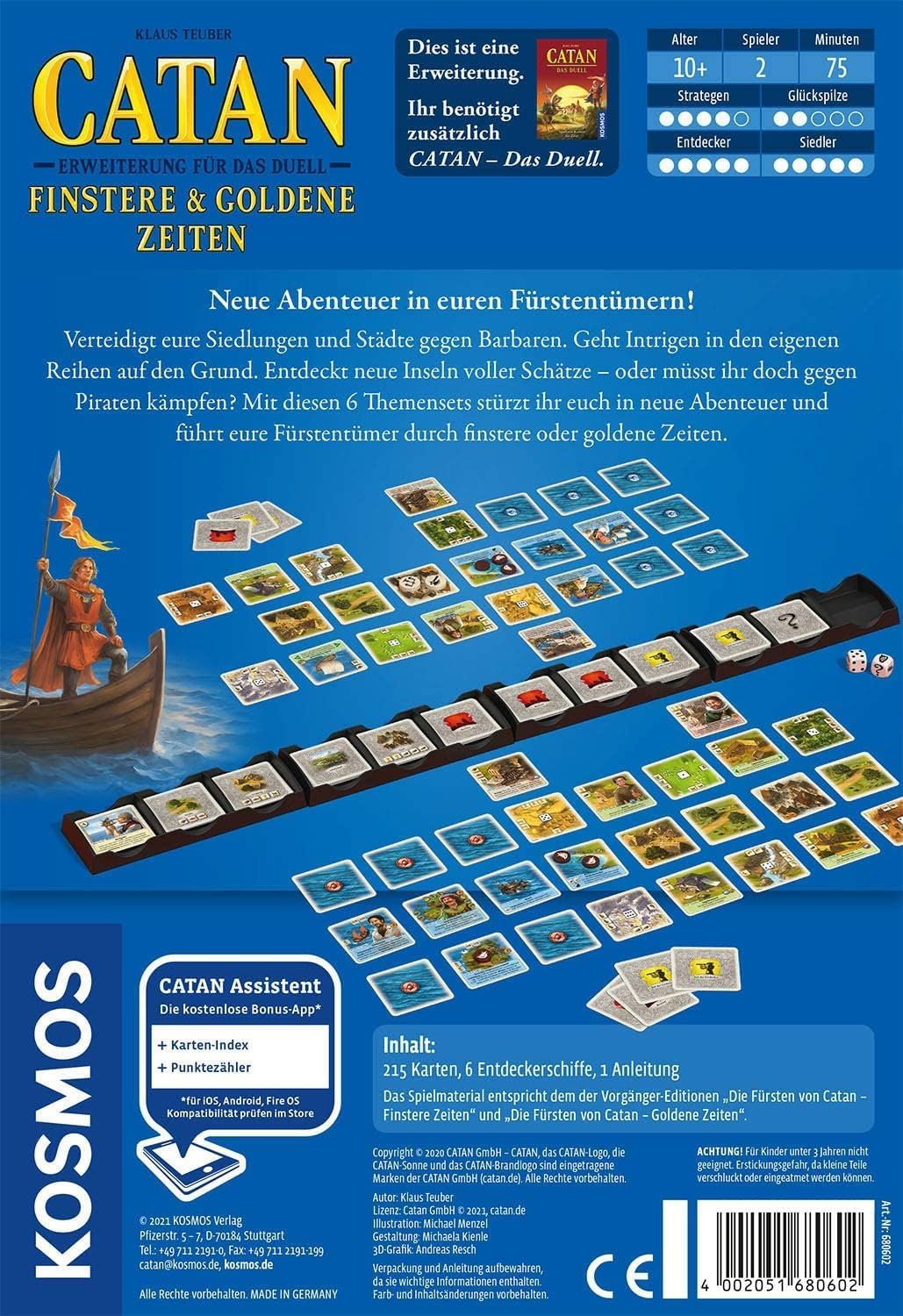 Kosmos 680602 Catan - Erweiterung für Das Duell – Finstere & Goldene Zeiten, Kartenspiel nur mit Cat