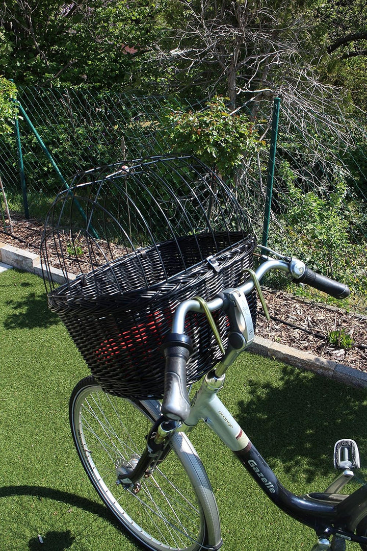 Hundefahrradkorb für Fahrradlenker aus Weide mit Metallgitter und Kissen in Schwarz Lenkrad Weidenko