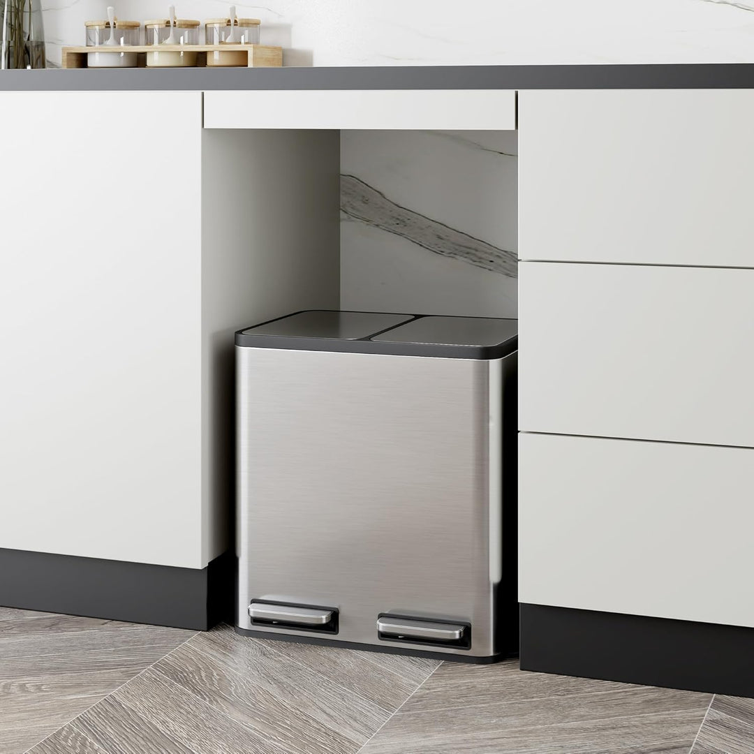 VonHaus Mülleimer Küche 2 Fächer, 30L Recycling Mülltrennsystem – Abfalleimer Biomüll, Rutschfester