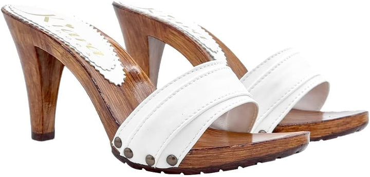 Holzeffeckt Clogs mit doppeltem Weiss Band hoher Absatz 9 cm - K6101 Bianco (37 EU, Weiss) 37 EU Wei